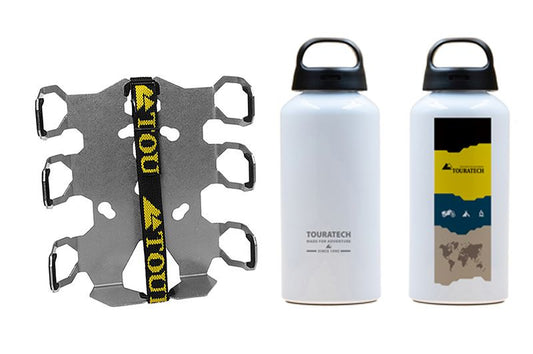 Тримач аксесуарів ZEGA Pro/ZEGA Mundo "подвійний тримач для пляшок" з двома алюмінієвими пляшками Touratech об'ємом 0,6 літра.