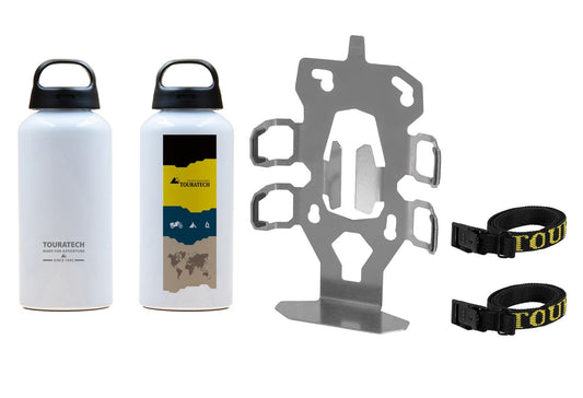 Тримач аксесуарів ZEGA Evo "подвійний тримач для пляшок" з двома алюмінієвими пляшками Touratech об'ємом 0.6 літра.