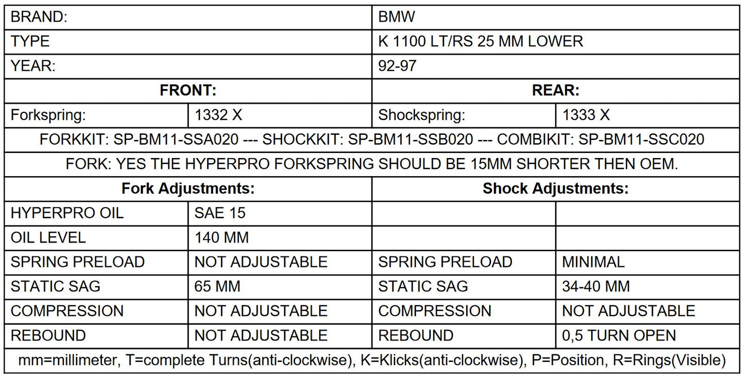 Комплект для зниження підвіски Touratech -25 мм для BMW K 1100 LT, K 1100 RS 1992 - 1997