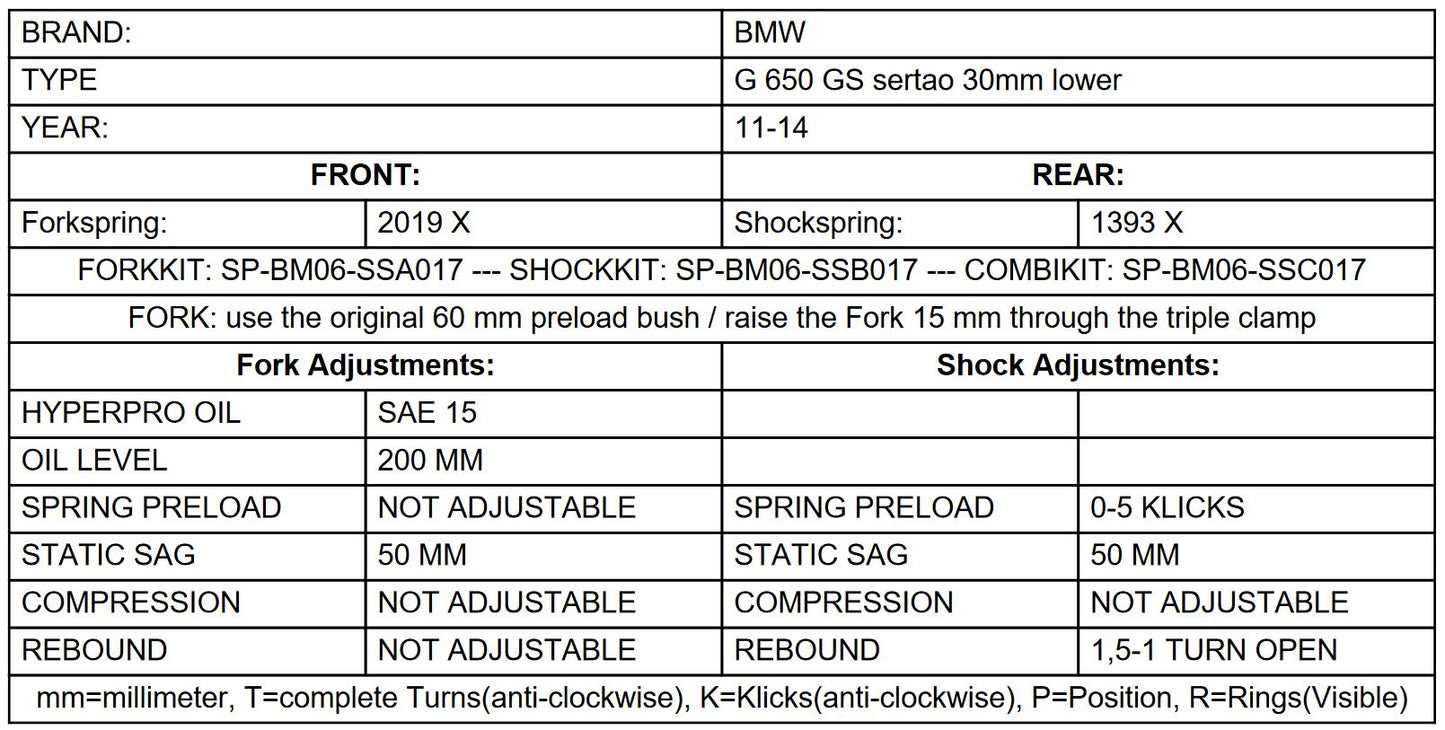 Комплект для зниження підвіски Touratech -30 мм для BMW G 650 GS Sertao 2011 - 2014
