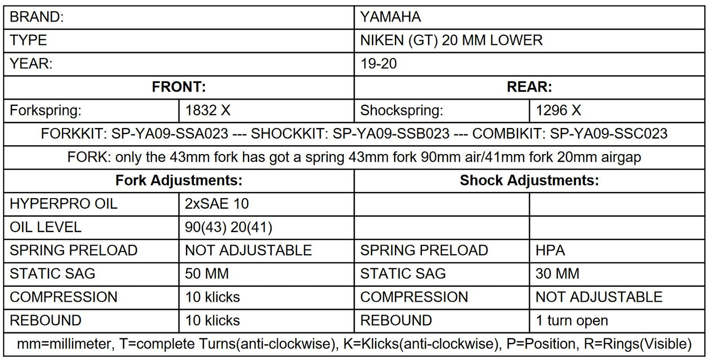 Комплект зниження підвіски Touratech -20 мм для Yamaha NIKEN (GT) 2019 - 2020