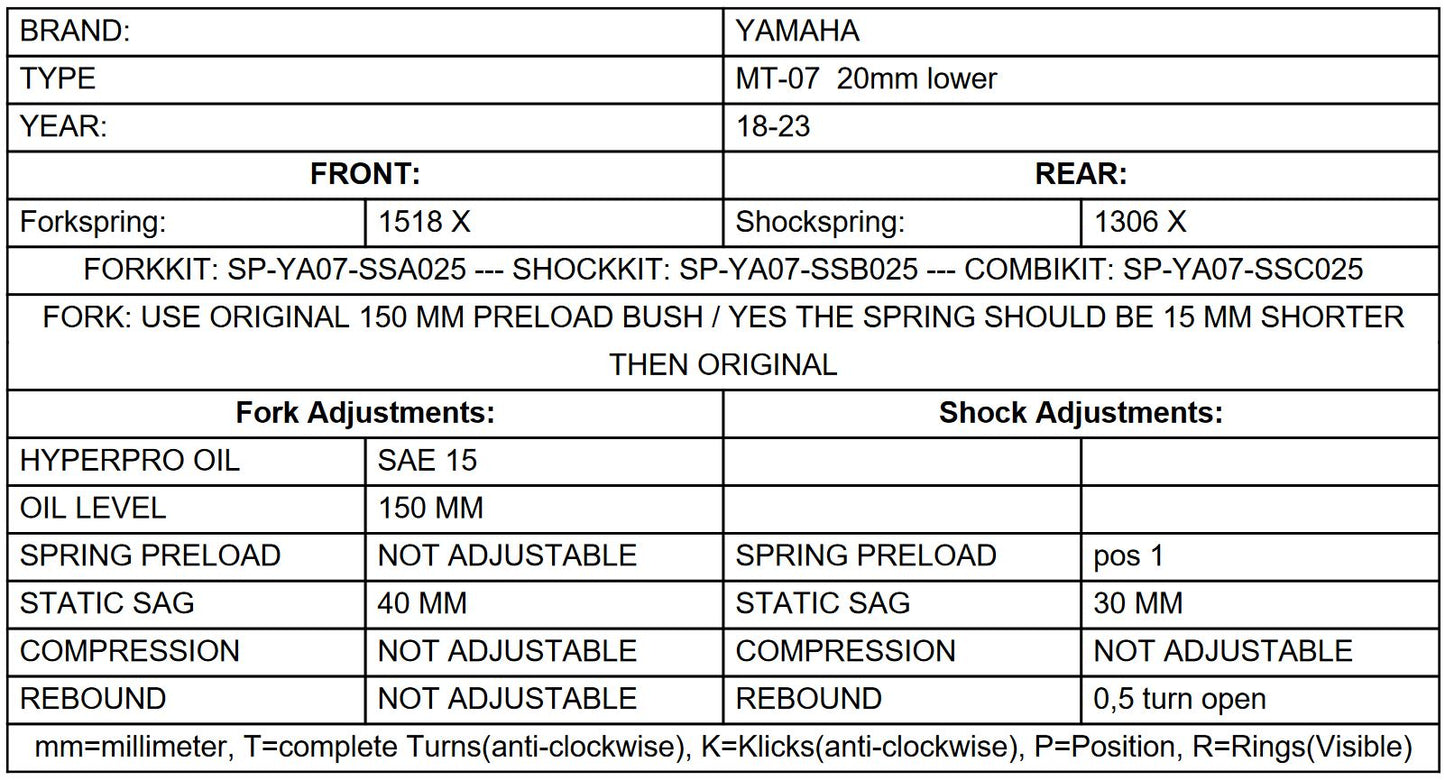 Комплект зниження підвіски Touratech -20 мм для Yamaha MT-07 (США: FZ-07) 2018 - 2023