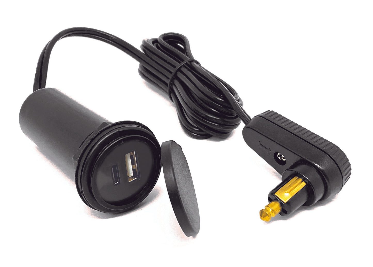 Кабель для сумки на бак Touratech з подвійним зарядним пристроєм (USB-A та USB-C) і кутовим DIN-роз'ємом.