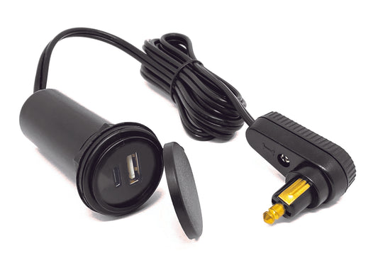 Кабель для сумки на бак Touratech з подвійним зарядним пристроєм (USB-A та USB-C) і кутовим DIN-роз'ємом.