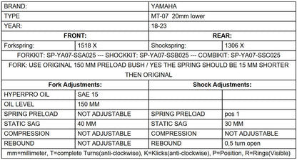 Комплект зниження підвіски Touratech -20 мм для Yamaha MT-07 (США: FZ-07) 2018 - 2023